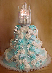 Disney Wedding Cakes, White and baby blue roses adorn this lovely Wedding Cake 