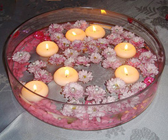 Centerpiece of bowl with floating candles