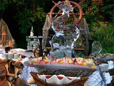 Reception hall with ice sculpture and raw bar